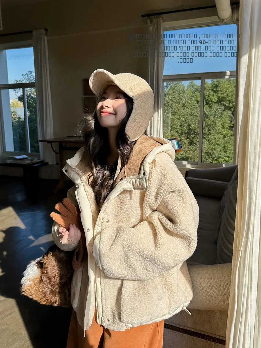 

Soft Woolen Lamb Fur Inteated 90 White Goose down Gentle Beige Hood Dstring down Jaet Annforest Forest Ladies' Clothing