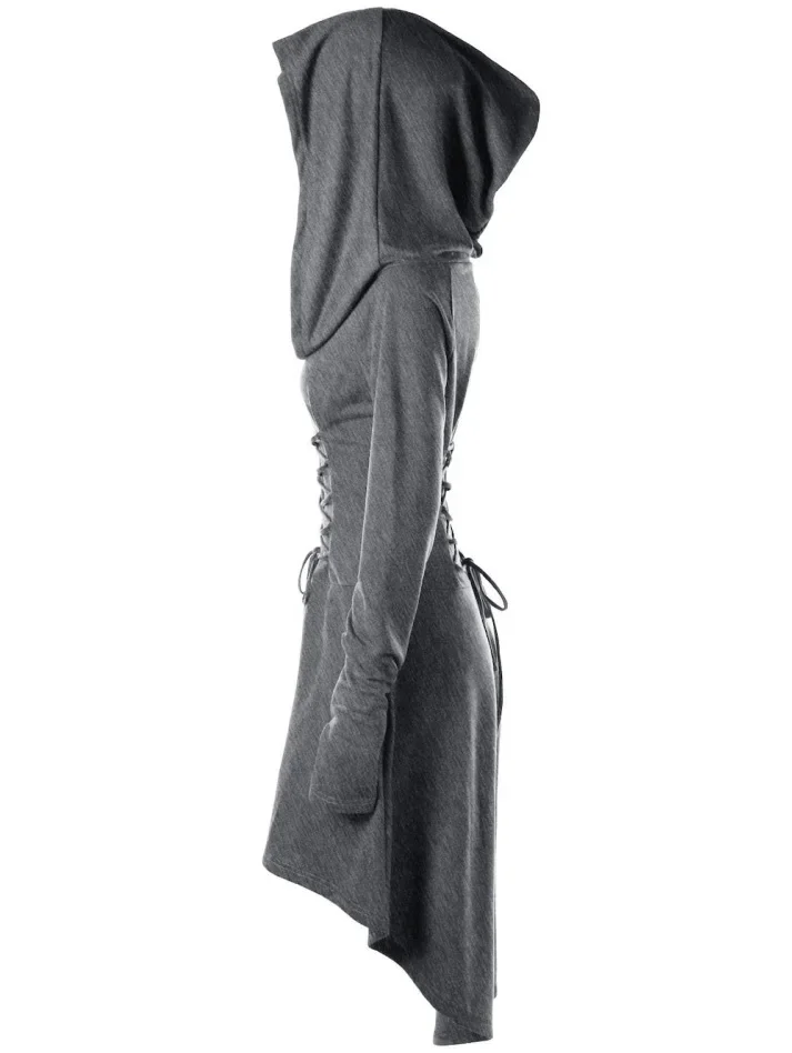 여성용 후드 드레스 긴 소매 레이스업 미디 드레스 후드 포함 블랙 다크 고딕 마녀 할로윈 파티웨어 플러스 사이즈 드레스