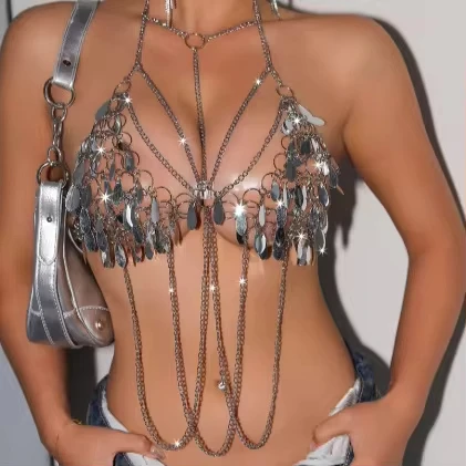 

New Silver Ring Spliced Vest, Holiday Chain, Glitter Top, Corset Chain, Spicy Girl, Bar, Nightclub, Body Chain
