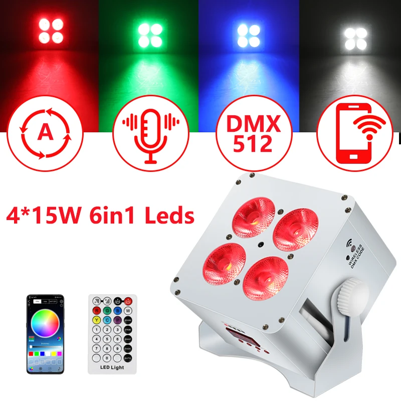 Battery LED Par Light 4*15W RGBWA UV 6IN1 Wireless Remote APP DMX512 Control For DJ Party Disco Wedding KTV Battery Stage Lights