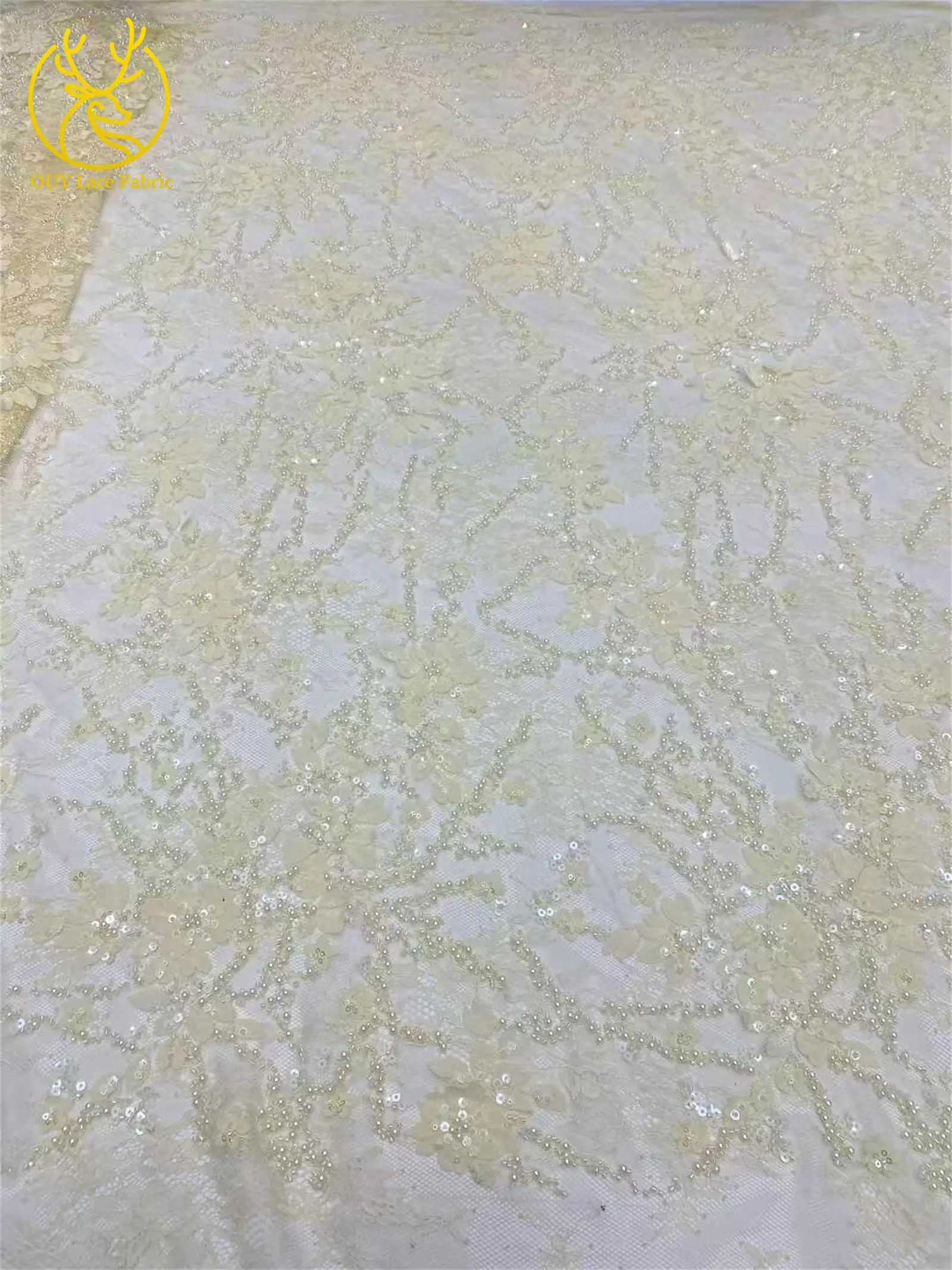 Afrikanischer nigerianischer Bräutigam-Perlen-Spitzenstoff 2026, französisches Netz, 3D-Applikation, Pailletten-Spitzenstoff für Party, Hochzeit, Kleid, Nähen, 5 Yards – Detail 5