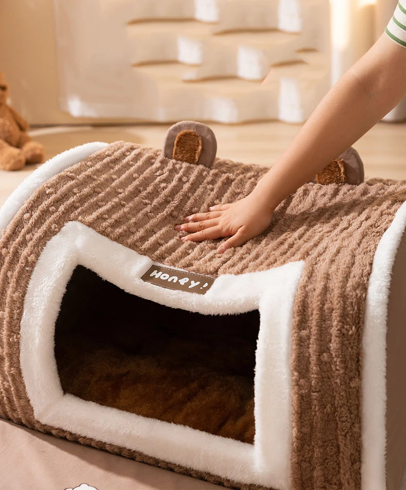 Hundehütte für drinnen, weiches, gemütliches Haustier-Schlafbett mit Loch, abnehmbare warme Katzenhütte, rutschfeste Matte für Kätzchen, Welpen, Haustier-Winterbedarf – Detail 4