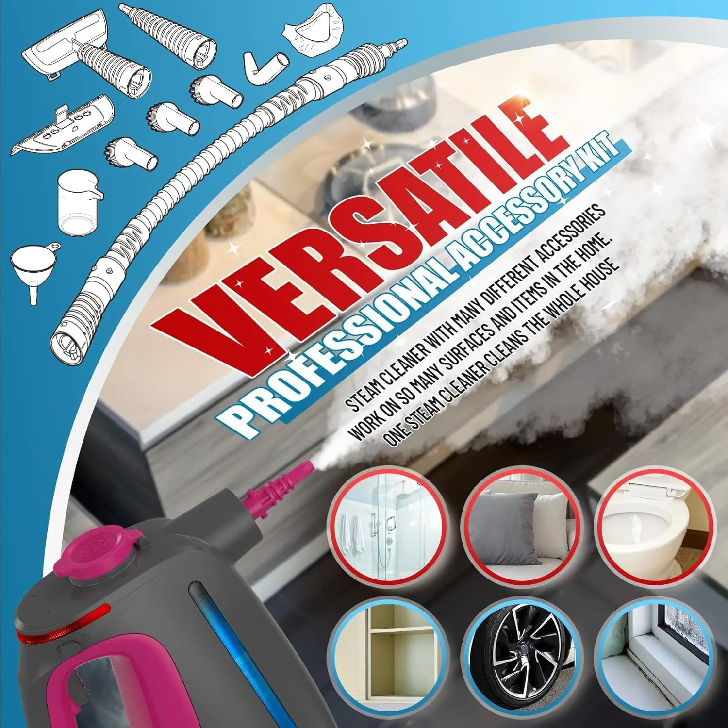 잠금 가능한 스팀 버튼과 11개의 액세서리가 포함된 견고한 휴대용 스팀 청소기, 연속 스팀을 위한 무제한 물 추가