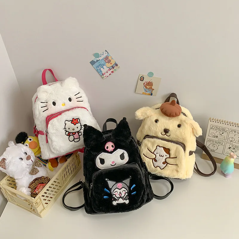 Kawaii Sanrio Hello Kitty Backpack Pom Pom Purin Kuromi Plush Bag Anime Fashion Women Yk2 Schoolbag High Capacity Bag Girl Gift