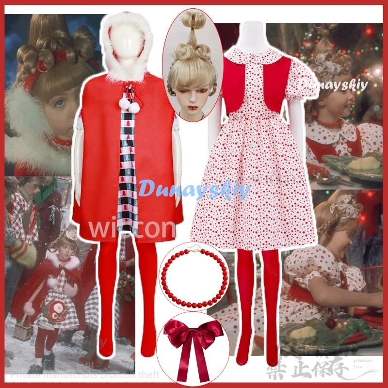 Cindy Lou-女性のためのコスプレコスチューム,かわいい赤いマント,ロリータのかつら,ネックレス,女の子のための帽子,子供,カスタマイズされた,新しいアニメ