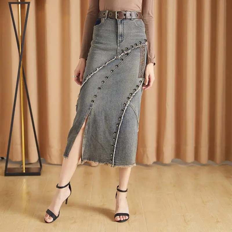 

Облегающая джинсовая юбка с высокой талией, женская летняя длинная юбка с запахом, корейская длинная юбка для поездок на работу, Hot Fire Beau