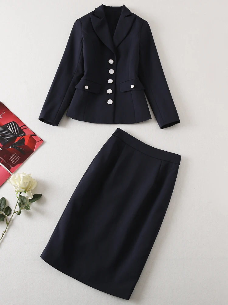 Designer Spring Autumn New Button Suit Jacket Tops Slim Pencil Skirt Elegant Vintage High Quality Fashion Office Women\'s Sets