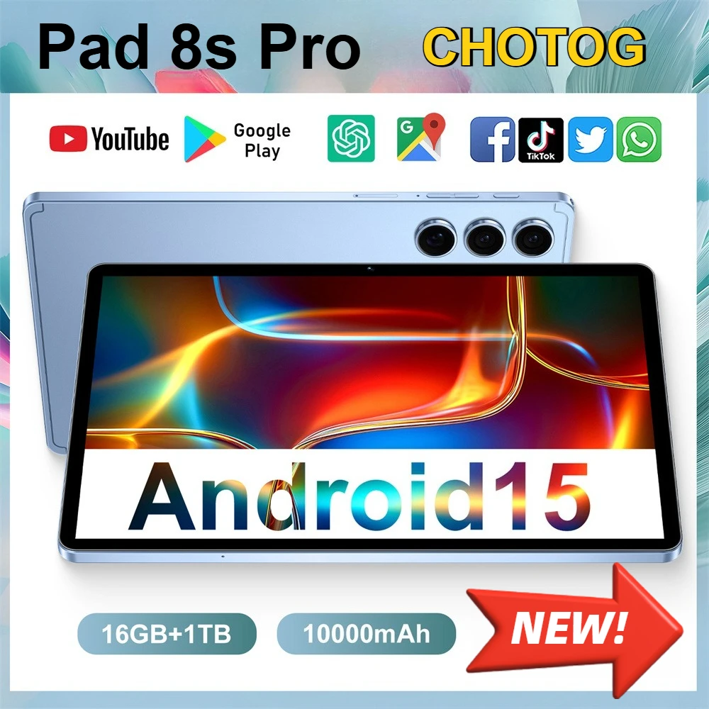 Tableta CHOTOG Pad 8s Pro Android 5G de 10.1 Pulgadas HD con Batería de 10000 mAh, Versión Global, 5G, Doble SIM, GPS, Reconocimiento