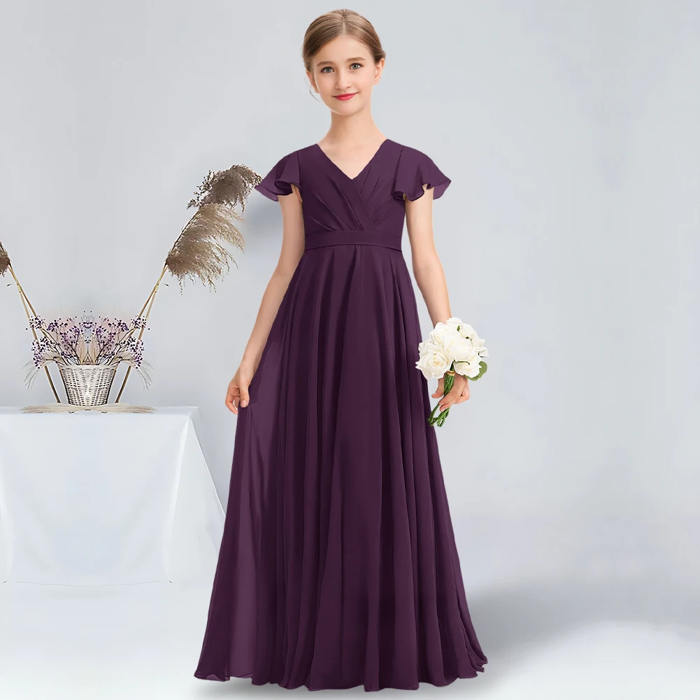 

A-line V-Neck Floor-Length Chiffon Junior Bridesmaid Dress With Bow Cascading Ruffles Unique Grape Flower Girl Dress for Wedding