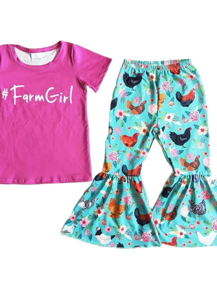 Wholesale Baby Girl Clothes Chicken Farm Boutique Kids Clothing Short Sleeve T-shirt Bell Pants Set Toddler Baby Outfits