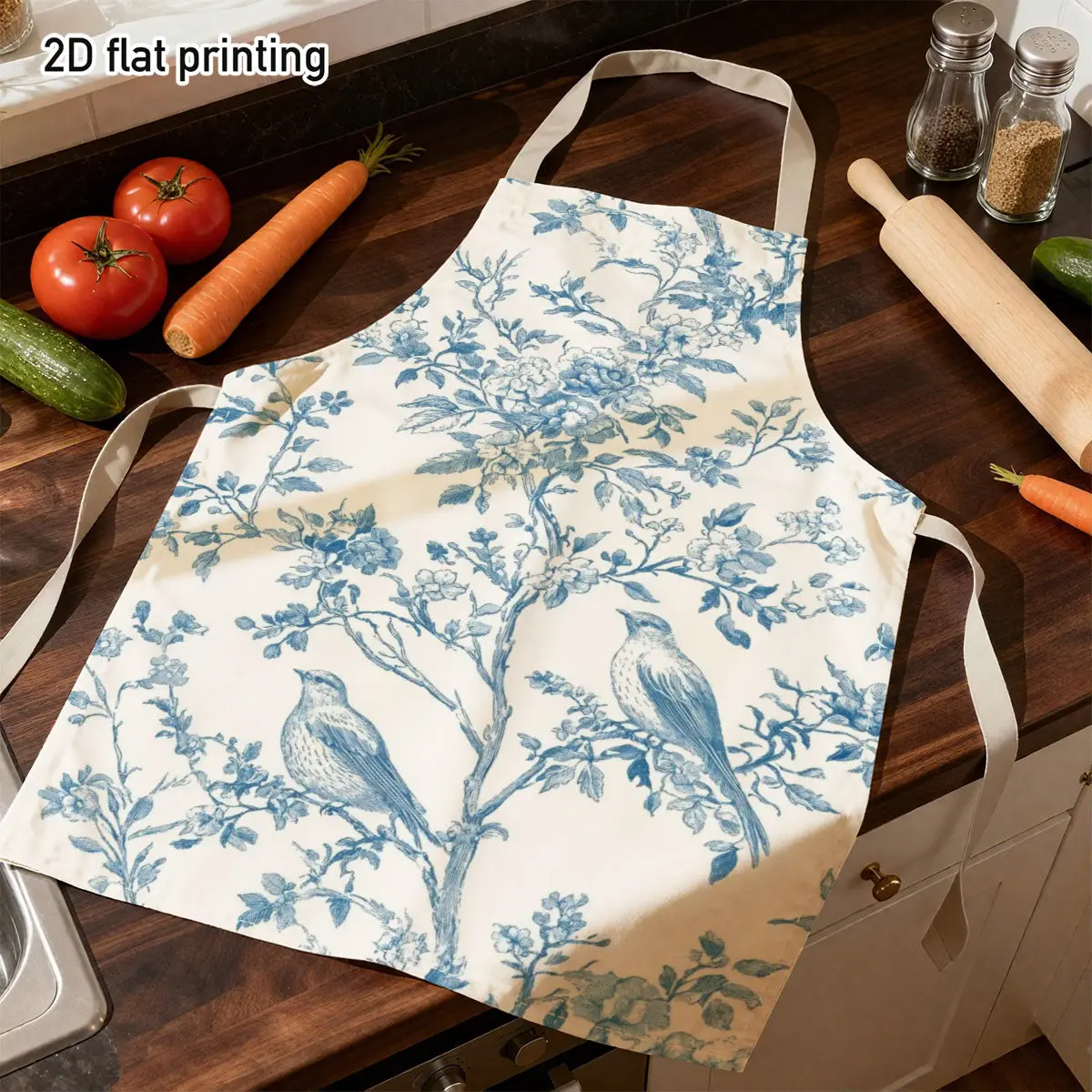 1pc 2D Flat Vintage Blue Bird Floral Toile Print Linen Apron Kitchen Cooking Baking Chef Gift