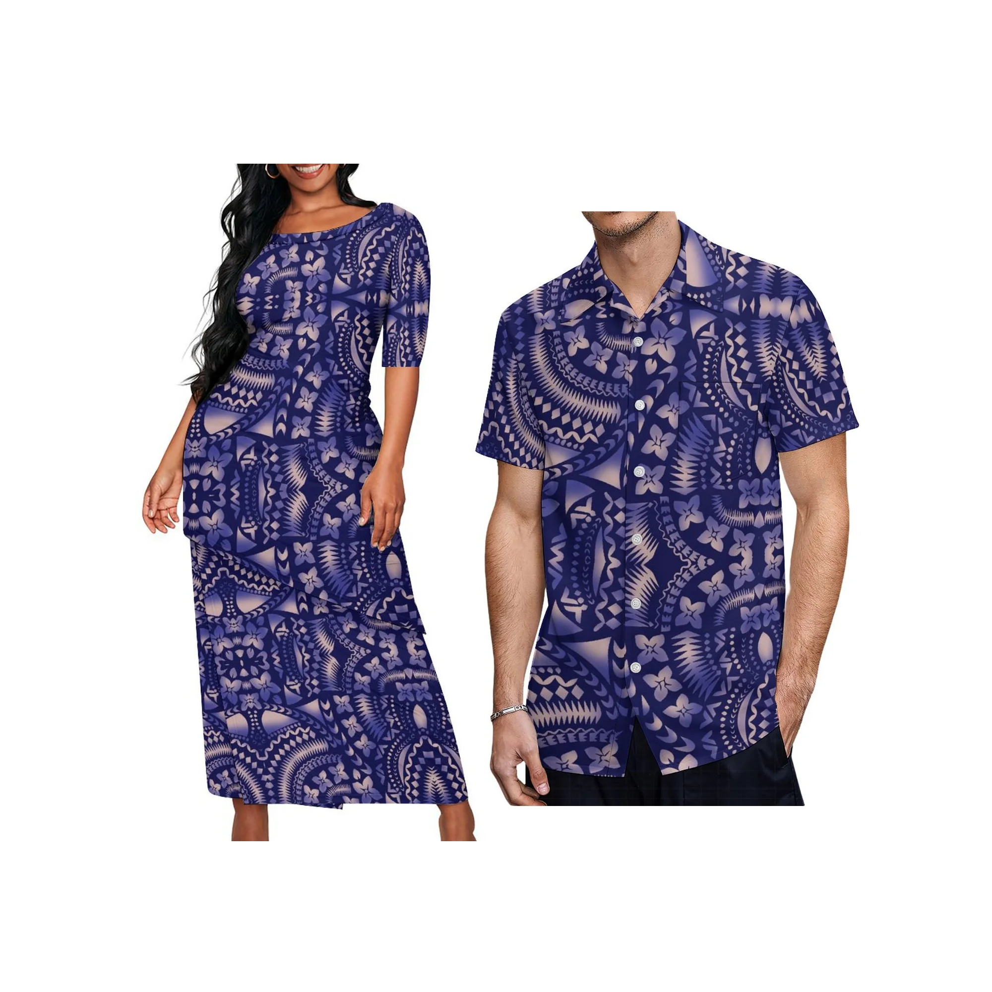 Custom Logo Polynesian Island Design Tongan Puletasi Dress Ladies Oblique Hem Crew Neck Samoan Dress 2 Piece Set