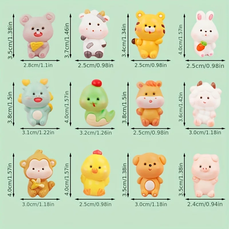 1/12PCS Cartoon Zodiac Animal Figurines Resin Cute Crafted Animal Rat Ox Tiger Rabbit Dragon Snake Home Holiday Decor Lucky GIft