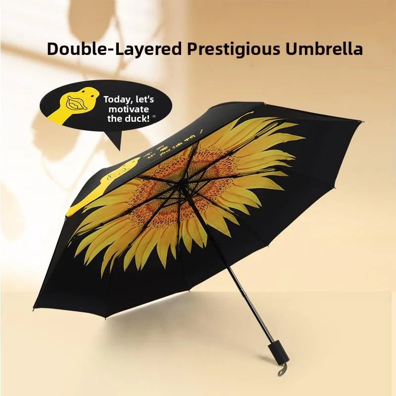 

Double Layered Lucky Sunflower Umbrella Good Luck Blessings One Shot Success Home Daily Use Stainless Steel Stick Rain Umbrella