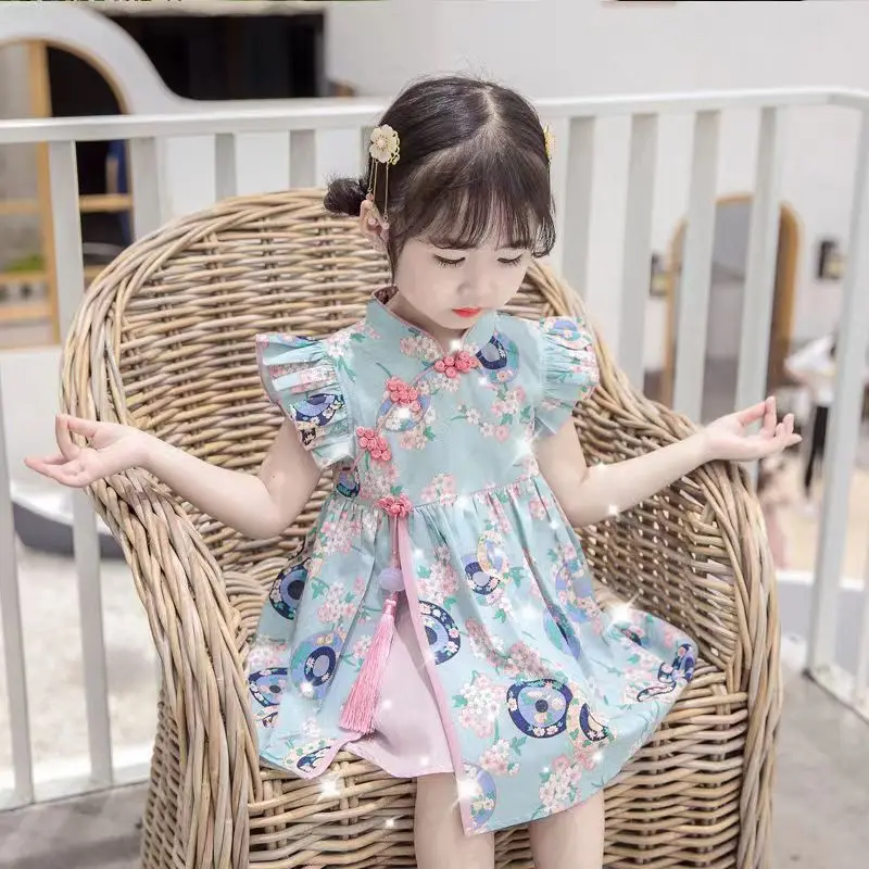 

Baby Girl Cheongsam Dress 2022 Summet New Children’s Chinese Style Flying Sleeves Retro Pendant Hanfu Dress 12M-6T