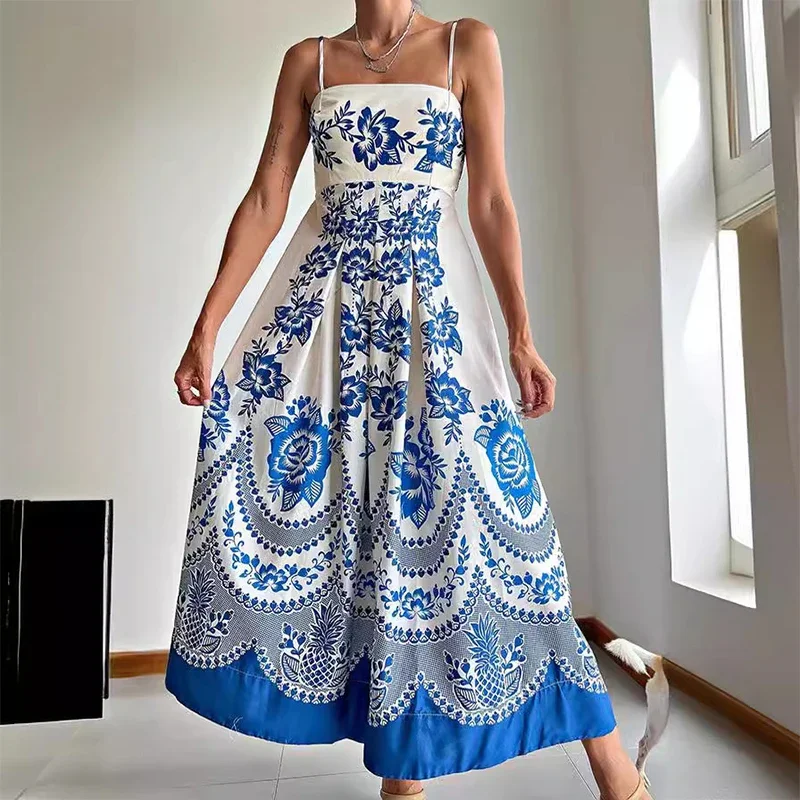 

Vintage Ethnic Style Print Sling Dress Women Elegant Off Shoulder Sleeveless Long Dress Fashion Waist Pleated Bohe Party Dresses