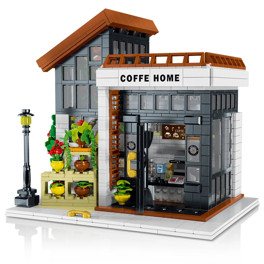 STEM City Street Building Blocks，Coffee House Building Kit with LED Lights, Modular Building Blocks Halloween Xmas Gift