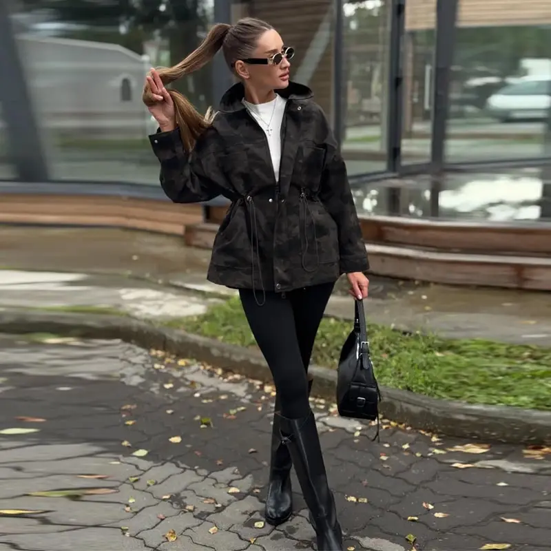 Women Camo Print Hooded Zipper Jacket Elastic Cuff Jacket Cropped Short Length Loose Puffer Winter Warm Winter Street Jackets