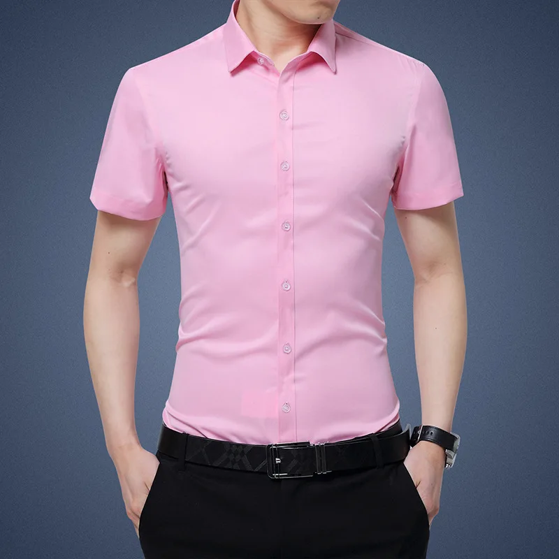 

Light Pink No Iron Thin ort Sve irt Club Wedding Par Fat Large Size Men's Slim Fit Summer Casual irt