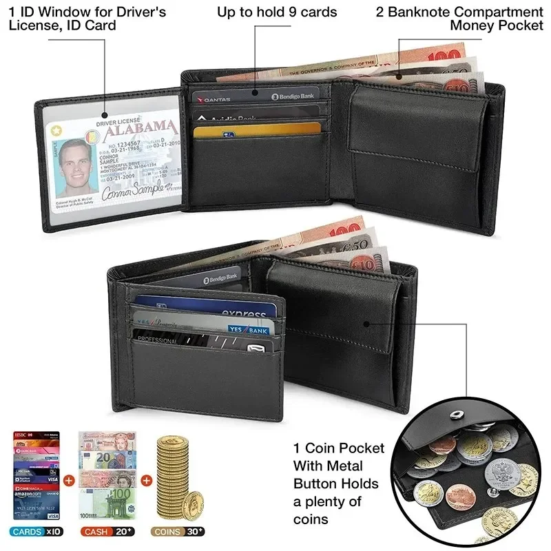 Portfele męskie, smukłe, z blokadą RFID, z prawdziwej skóry, z kieszonką na monety, 2 przegródkami na banknoty, 10 przegródkami na karty kredytowe, portfel dla mężczyzn.