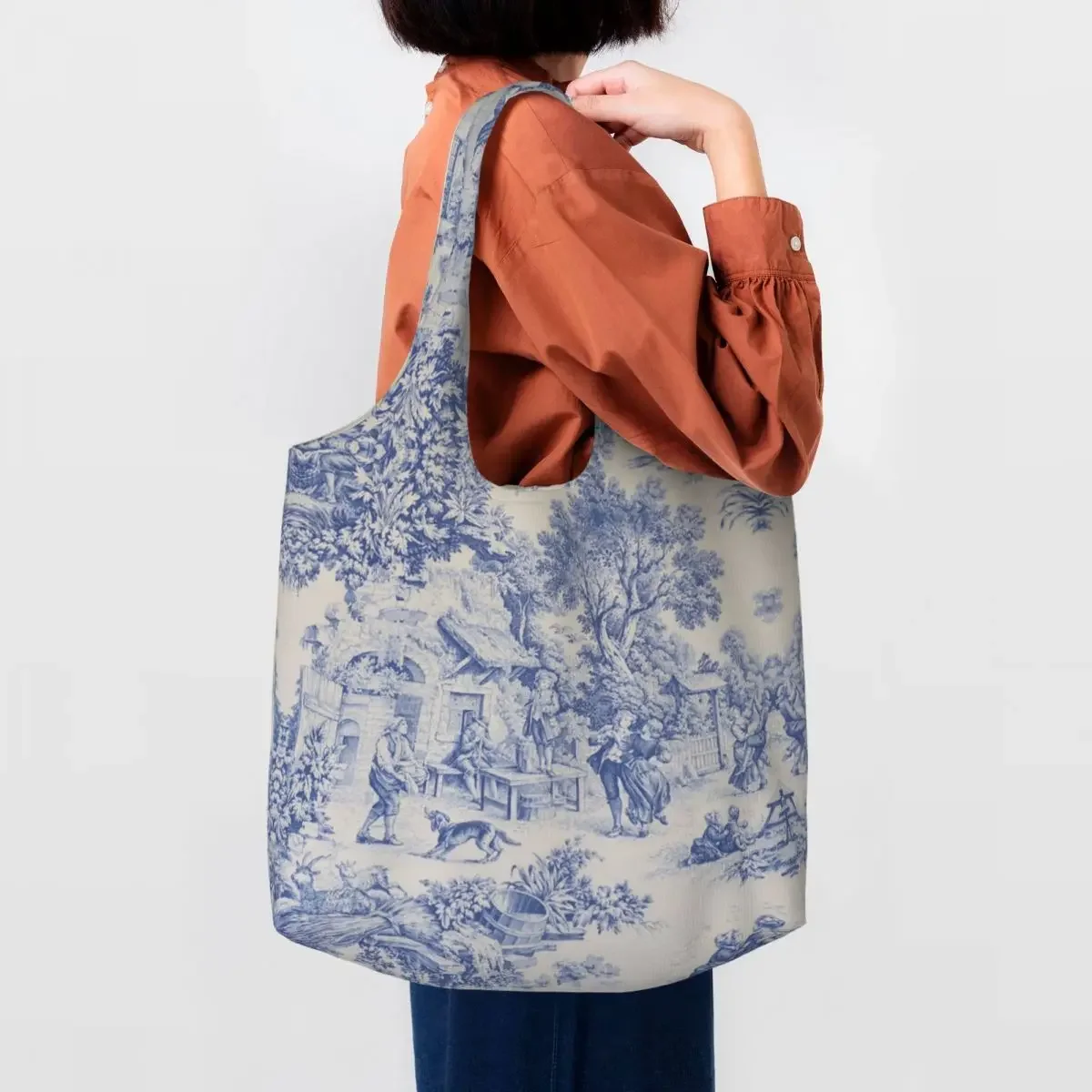 

Reusable French Toile De Jouy Navy Blue Motif Pattern Shopping Bag Women Shoulder Canvas Tote Bag Portable Grocery Shopper Bags