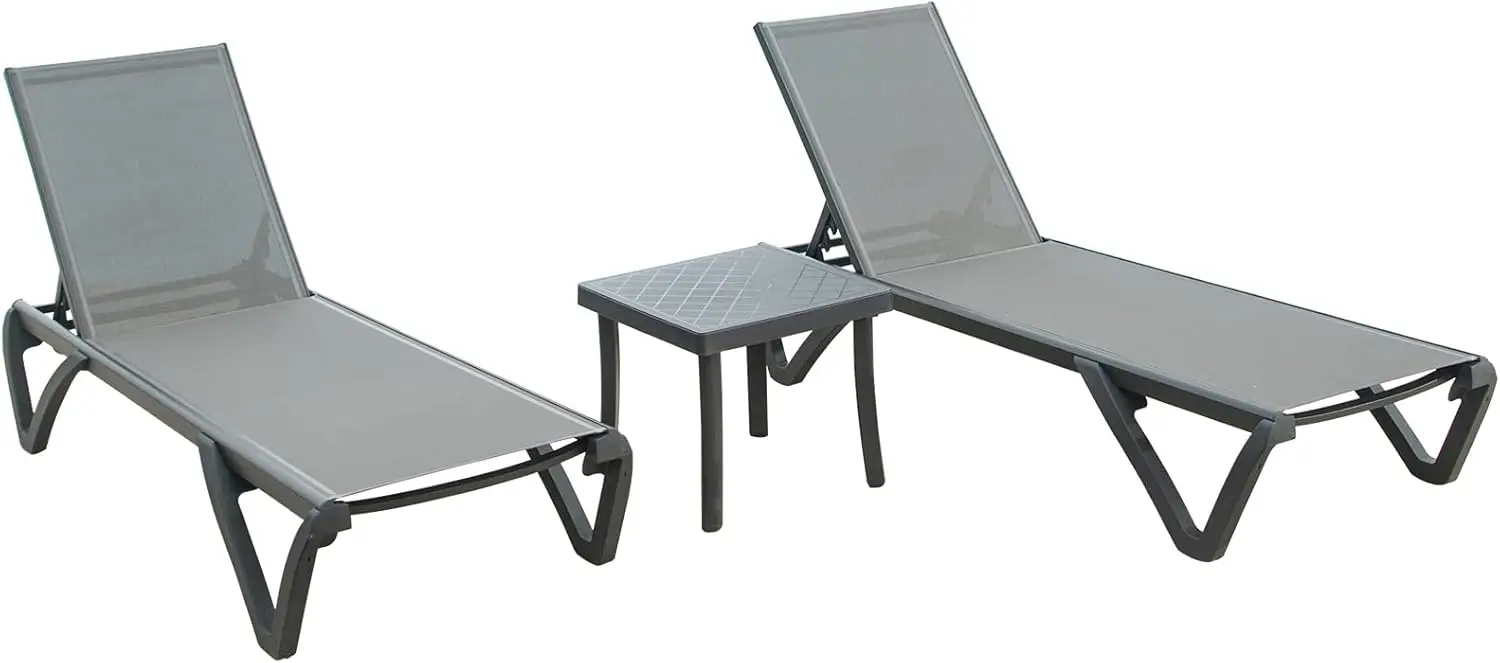 Chairs Aluminum Chaise Lounge Side Table 5 Position Adjustable Backrest and Wheels,All Weather (2 Grey Lounges W/Side Table)