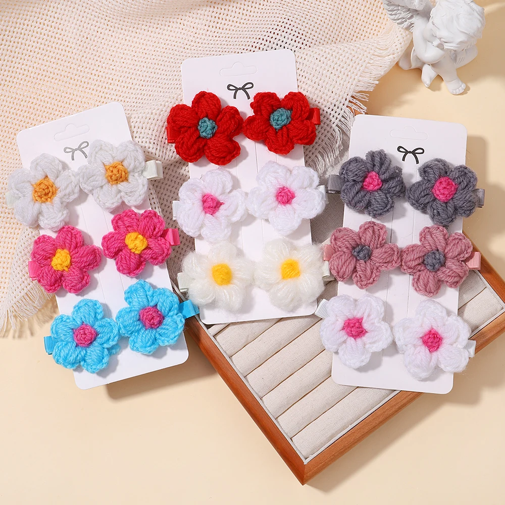 6pcs/set Baby Girls Flower Hairclips Wool Knitting Headwear Handmade Crochet Small Puff Kids Hairpins Cute Baby Hair Accessories