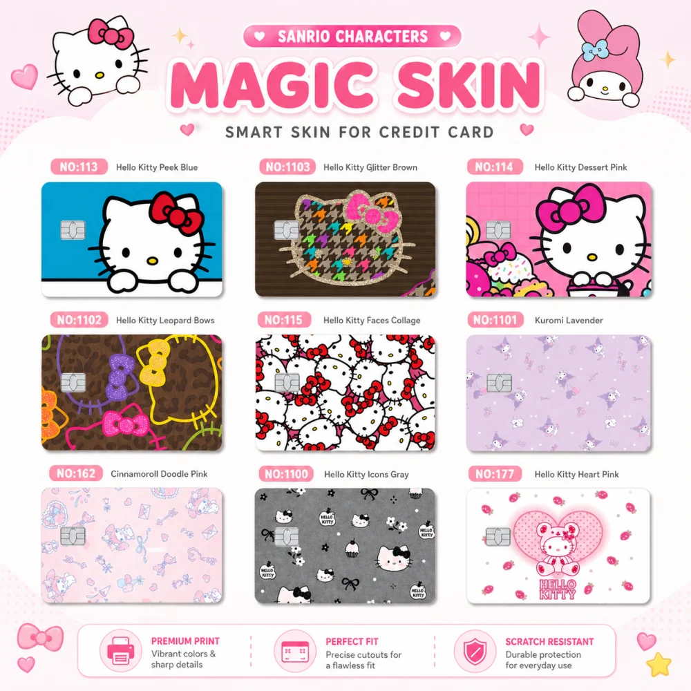 Sanrio Anime Bank Credit Cards Hello Kitty Kuromi Melody Pass Stickers Decoration Waterproof Scratch Resistant Stickers
