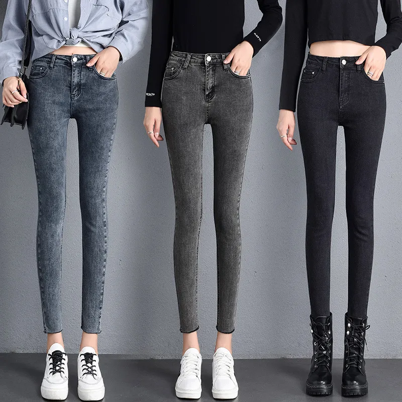 

Women's High Waist Solid Color Stretch Skinny Jeans Trousers Fashion Female Washed Black Gray Slim Mom Pencil Jean Denim Pants