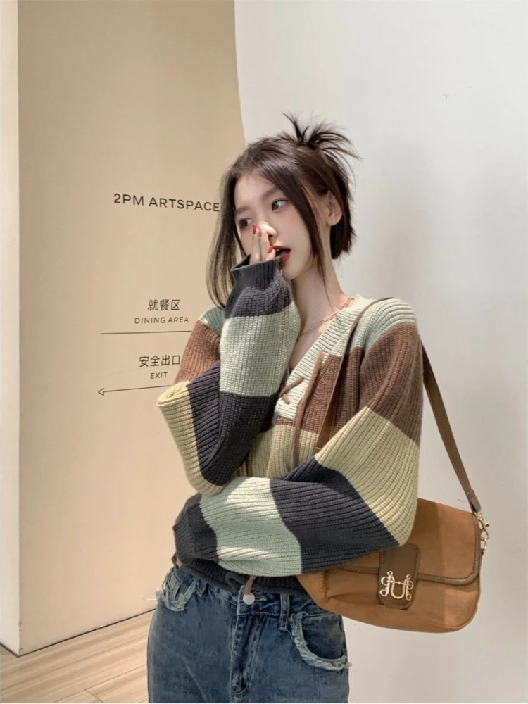 V-neck Pullovers Women Striped Panelled Knitting Autumn Leisure Design Loose Short Long-sleeves Lovely Sweet Girls Korean-style