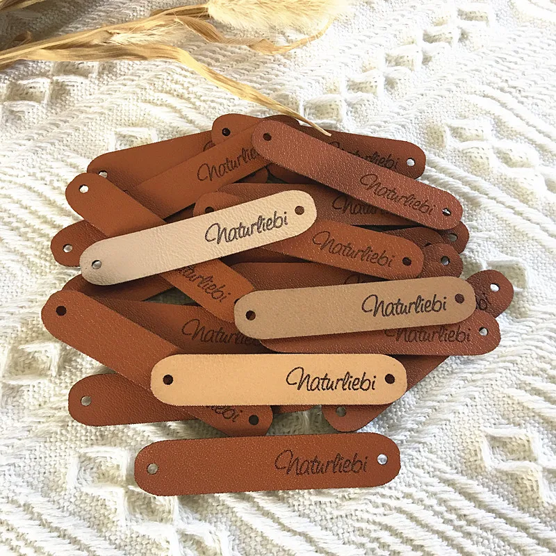 30pcs Handmade tags for crochet Customize logo leather lables for knitting clothes Sewing engraved hats garment label with rivet