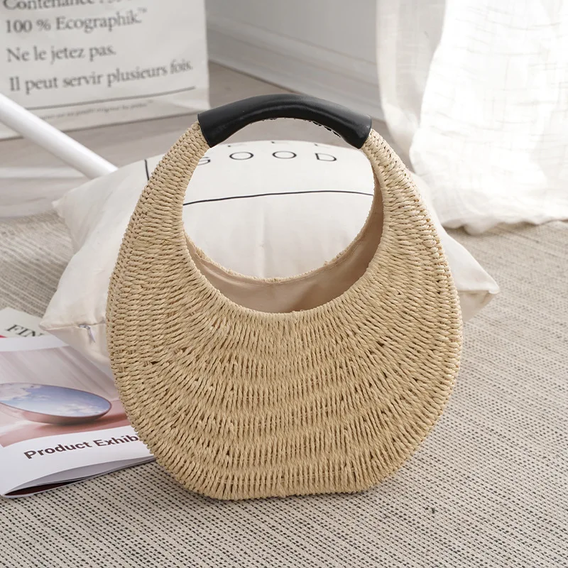 Handmade Half-Round Rattan Woven Straw Bag Summer Women Messenger Bags Female Handbag Small Beach Handbag Top-Handle Bags