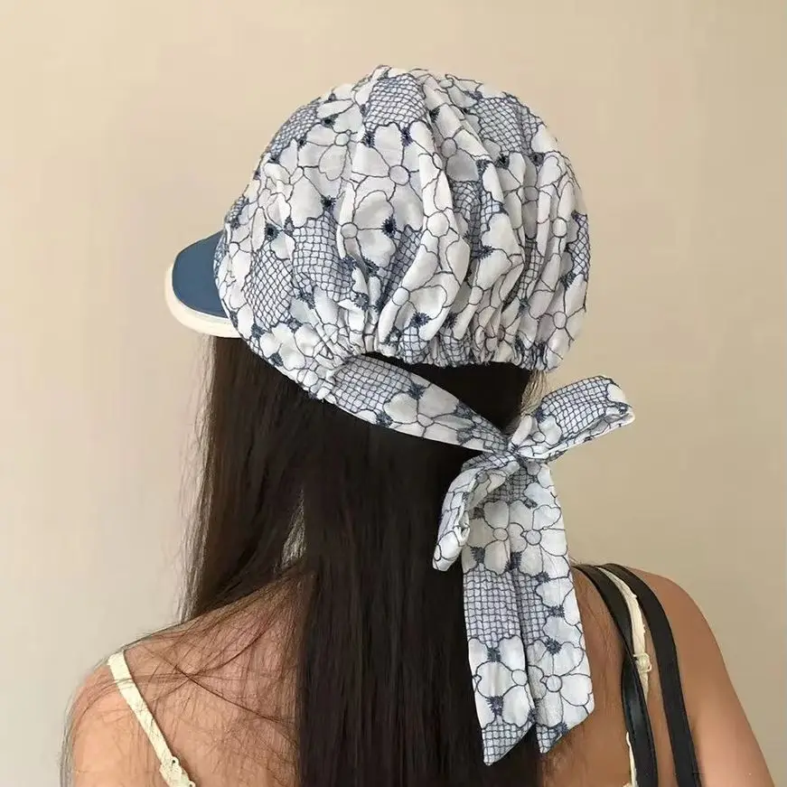 Blue and White Floral Patchwork Beret for Women: Spring/Summer Retro Floral Tie-Back Bucket Hat Versatile