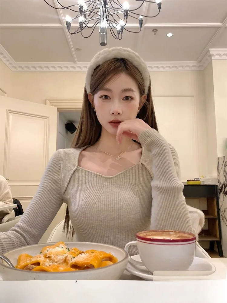 

Женский вязаный свитер Ele Korean Sle с длинными рукавами, облегающий, базовый слой, зимний топ, комфортный, из нейлонового волокна, теплый