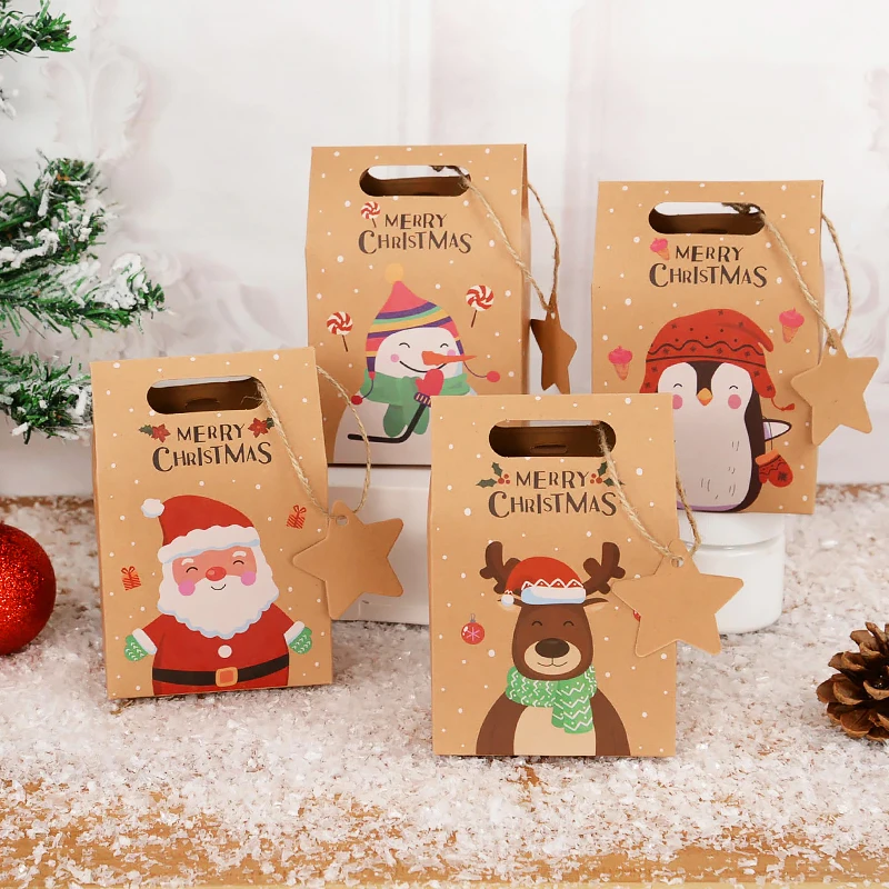 6pcs Merry Christmas Kraft Paper Box Candy Gift Bag Santa Claus Food Packaging Boxes with Tags Xmas New Year Party Navidad Decor