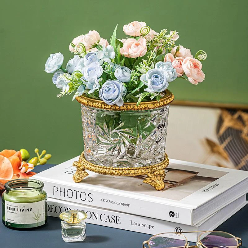 European Storage Jar Luxury Brass Crystal Cosmetic Brush Storage Barrel Pen Containment Desktop Storager Vase Home Decoration