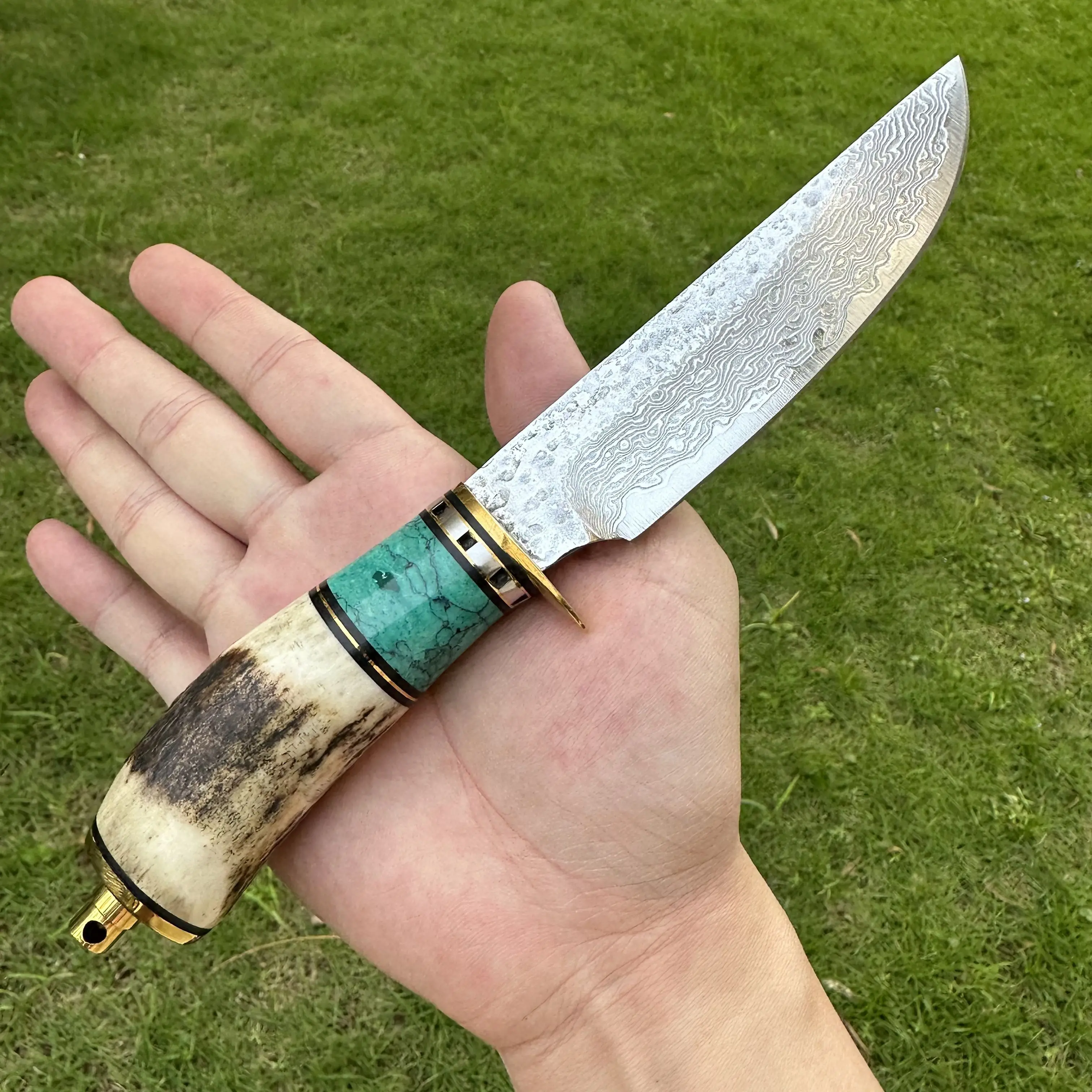 

Topwell Handmade Collection Knife Damascus VG10 Blade Antlers&Copper Handle Super Sharp Solid Kraft First layer Leather Sheath