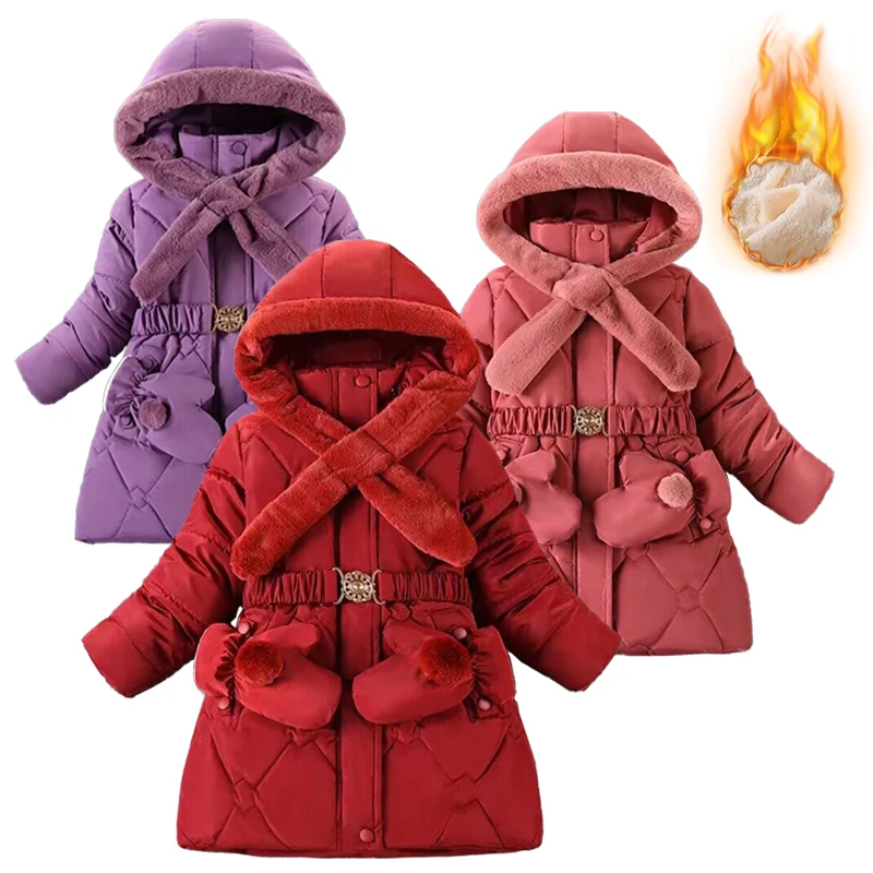 

2023 Winter Thick Warm Girls Jackets Long Style Hooded Outerwear For 5-12 Years Girl Outdoor Kids Windbreaker Coat With Gloves