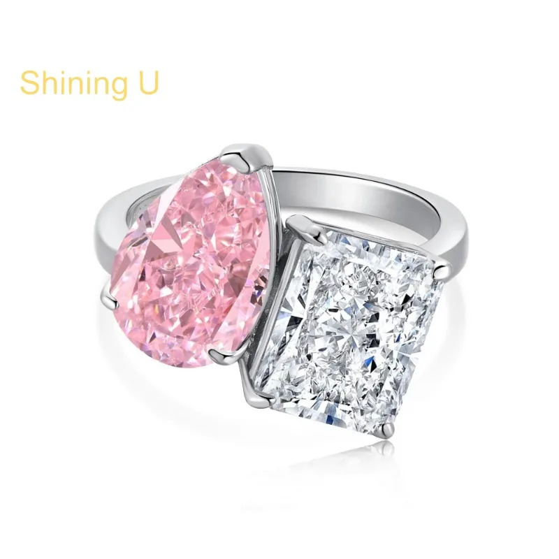 Shining U S925 Silver Pink Pear Rectangle Gems Ring for Women Fine Jewelry Party Summer