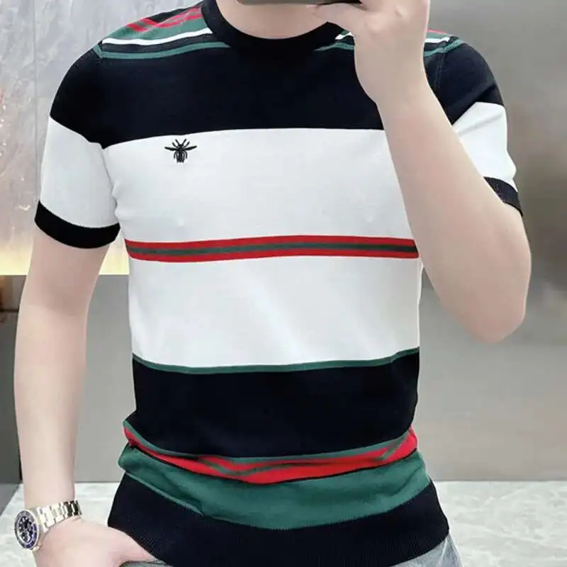 Contrasting Color Splicing Striped Short Sleeve Tshirt Men O-Neck T-shirt Men Clothing Summer T Shirt Casual Tops Tees For Men