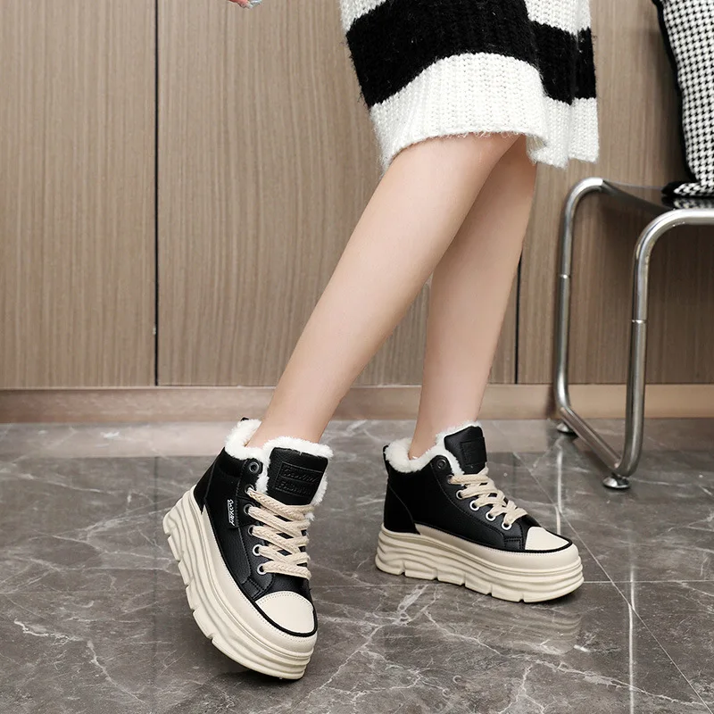 

Fashionable High Cut Thick Soled Cotton Shoes 2024 Winter Plush Outdoor Board Shoes Anti Slip Snow Boots Casual Women's Shoes
