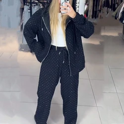 Fashion Rhinestone Sweatshirt Outfit Casual Women Zipper Coat and Long Pants Sports Suit Autumn Long Sleeved Loose Two Piece Set