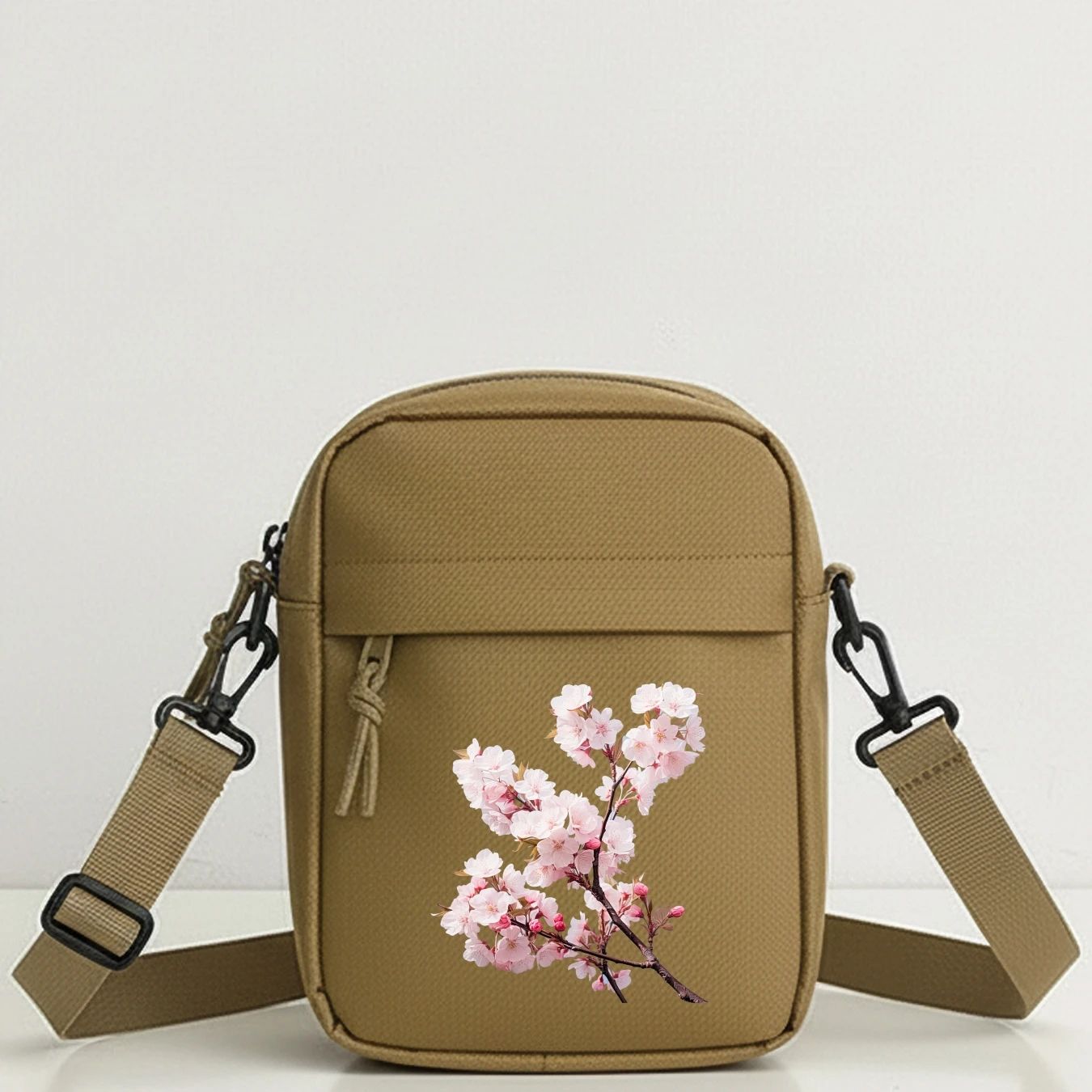 Cherry Blossom Pattern Shoulder Bag for Men with Adjustable Strap, Zipper Closure, Casual Crossbody for Outdoor Travel, Cycling,