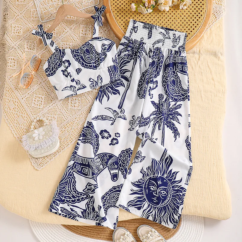 

2025 Summer Child Clothes Sets Sleeveless O Neck Print Blue Flare Pants Casual 2 Piece Sets Girls Clothes Sets 8-12T