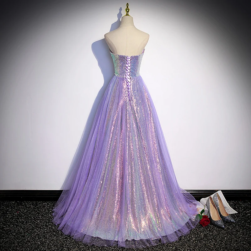 Evening Dress Purple Sequins Beading Pearl Bling Strapless Lace up A-line Pleat Floor Length Plus size Girl Party Dresses B2310