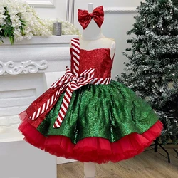 Stripe Big Bow Christmas Girl Costumes Carnival Cosplay Halloween  Sequin Birthday Party Princess Dress Tutu Wedding Kids Clothe