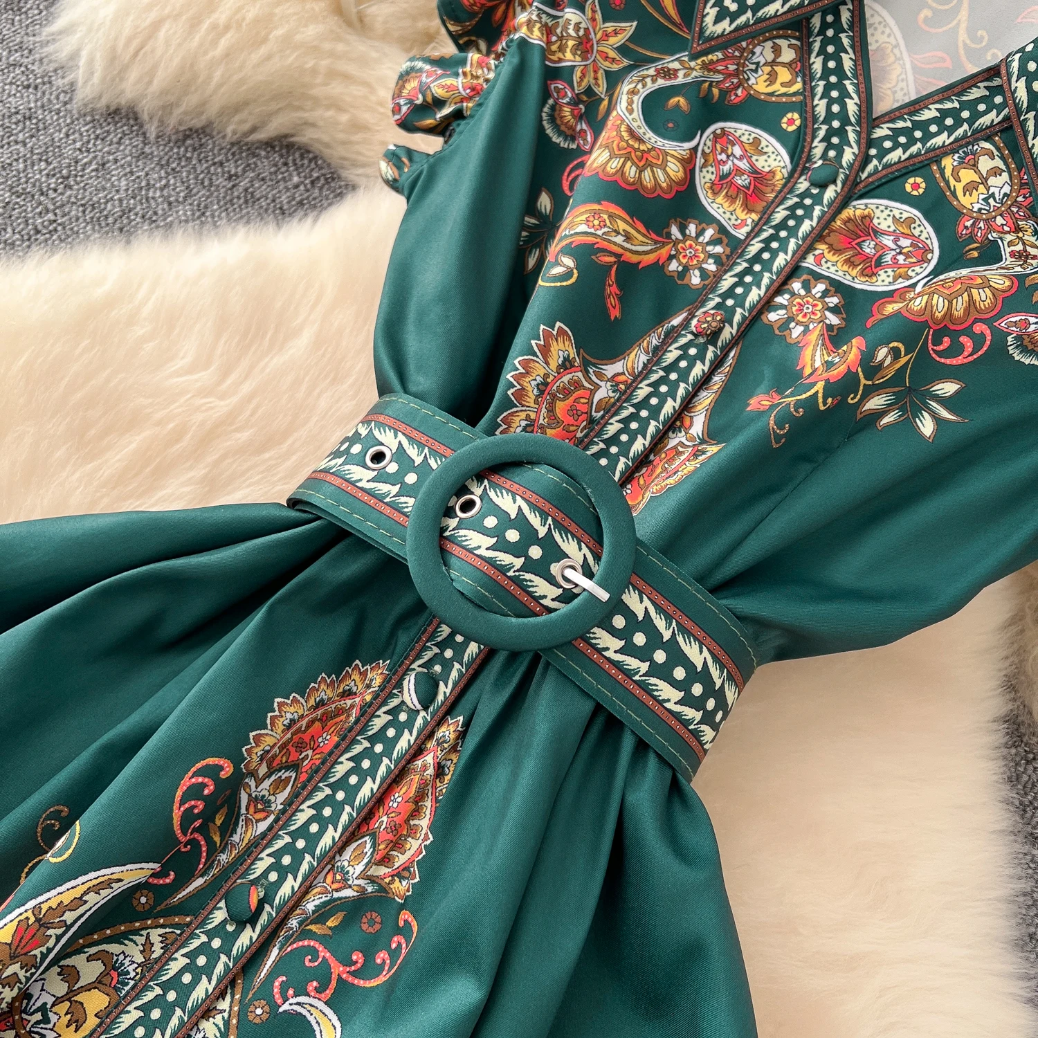 Elegant Print Single Breasted Sashes Vintage Turn-down Collar Collar Flying Sleeves Slim Long Dress Evening High Street Clothing