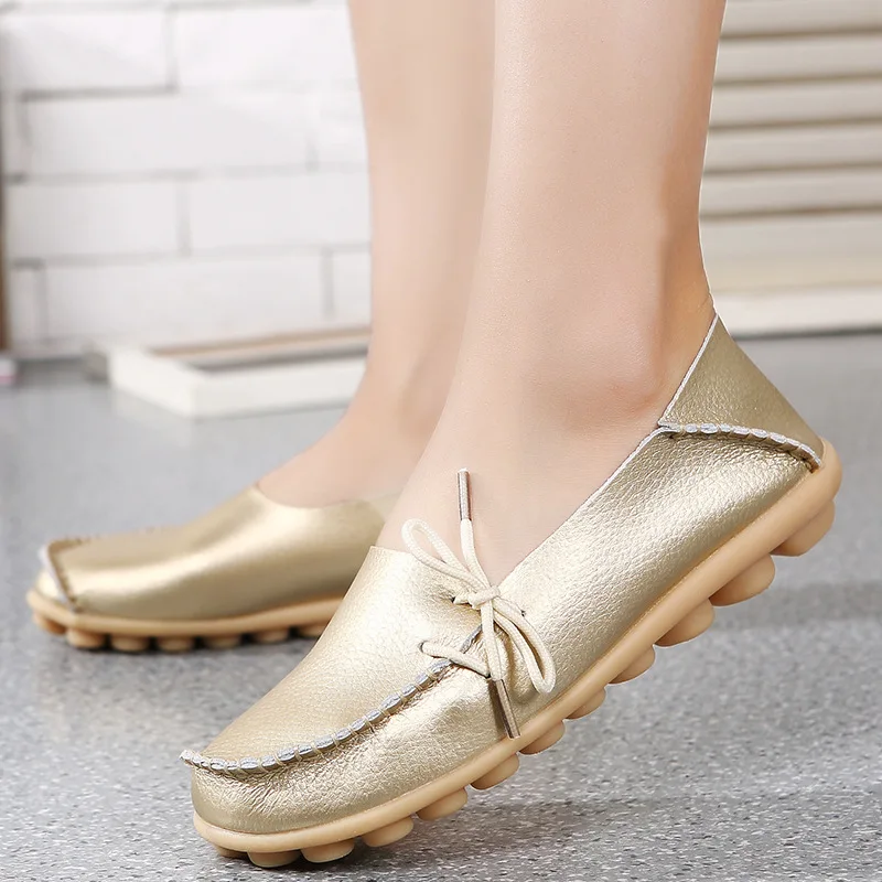 Flat Shoes Women Autumn Loafers Genuine Leather Female Shoes Slip on Ballet Bowtie Women\'s Shoes Big Size Shoes for Women