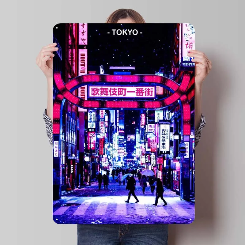 Tokyo Street Neon City Skyline Metal Poster Art of Murals Vintage Metal Tin Sign for Wall Art Decoration Coffee Bar Club America