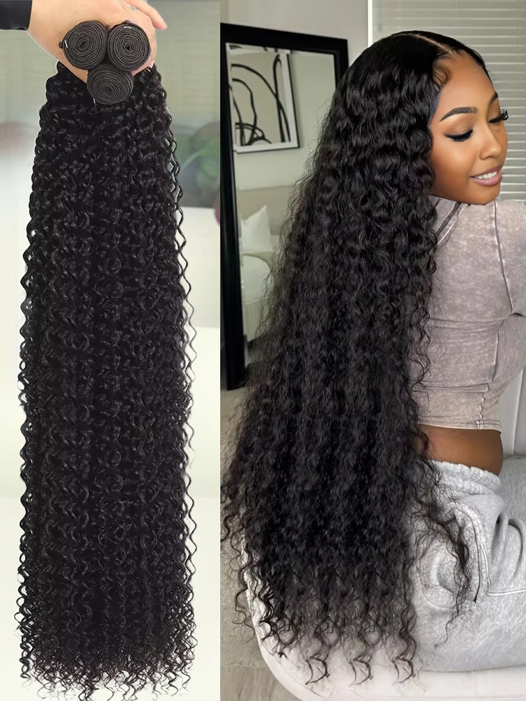 Extensiones de cabello humano ondulado profundo de 30 y 34 pulgadas, cabello rizado, tejido birmano, Tissage crudo sin procesar, extensiones de cabello virgen de doble trama